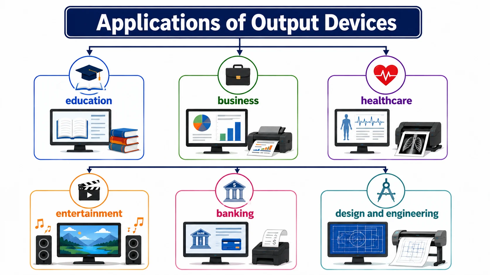 Applications of output devices in education, business, healthcare, entertainment, banking, design, and engineering.