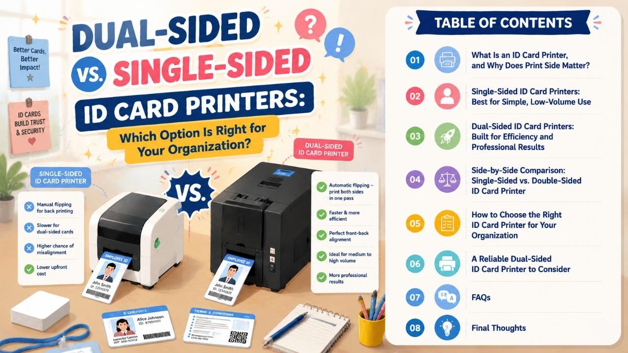 Comparison of dual-sided and single-sided ID card printers with features, benefits, and table of contents for choosing the right printer.