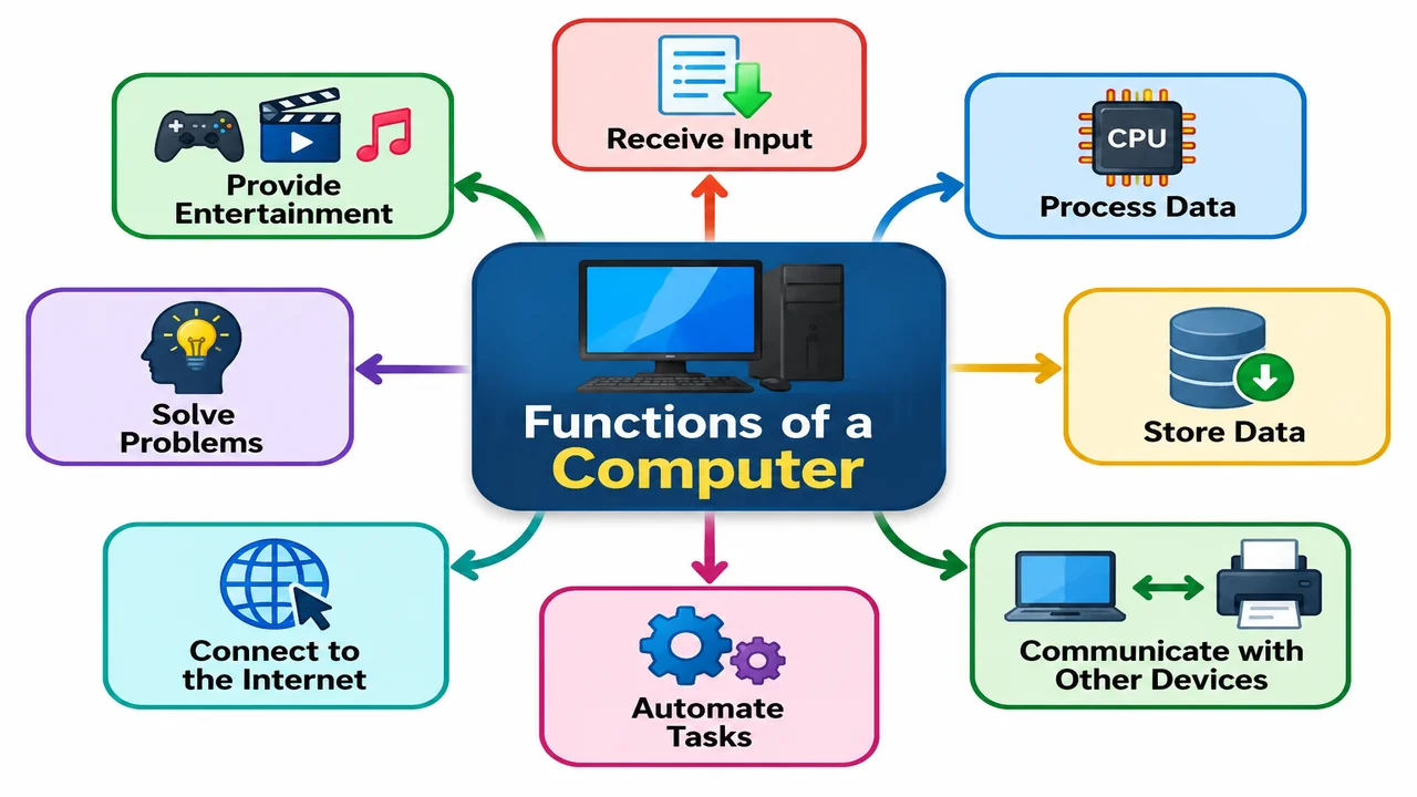 Diagram showing functions of Computer we notice in daily life.