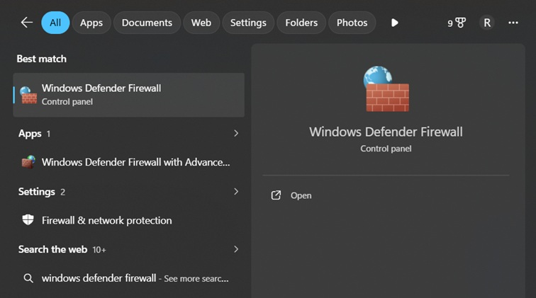 open windows defender firewall settings 