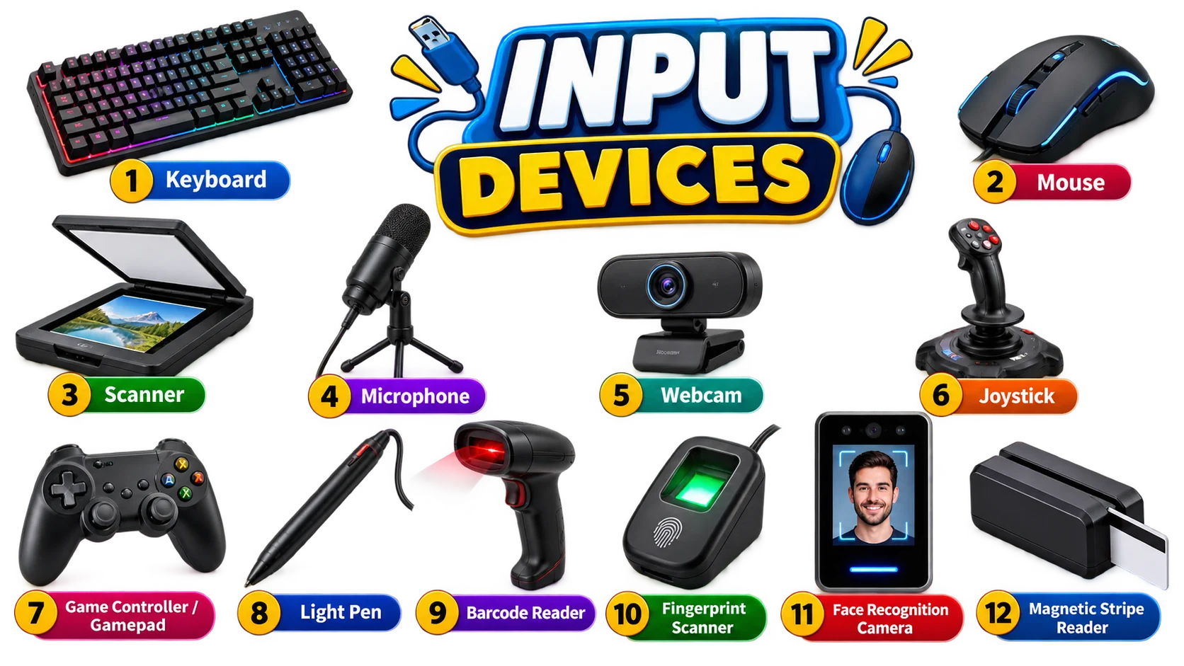 Input devices in computer including keyboard, mouse, scanner, microphone, webcam and gamepad