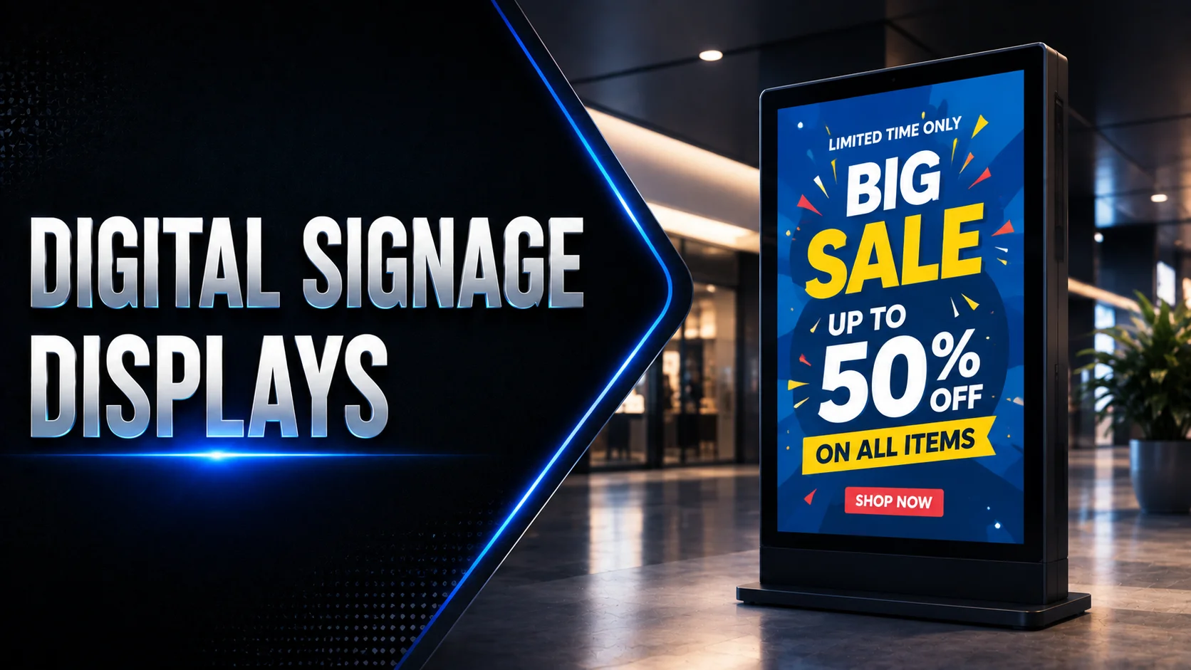 Digital signage display as a visual output device showing an advertisement.