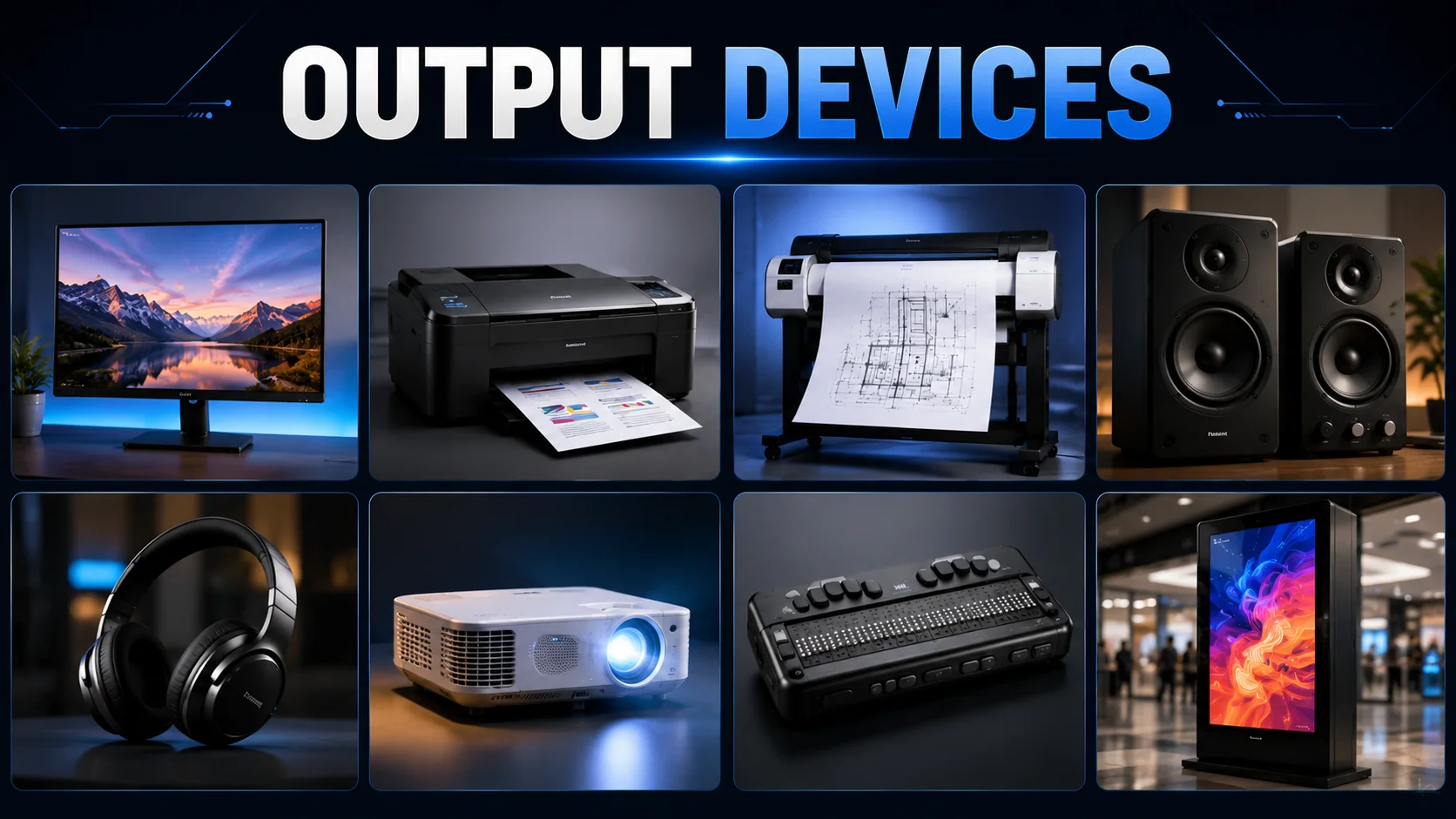 Output devices including monitor, printer, plotter, speakers, headphones, projector, Braille display, and digital signage display.