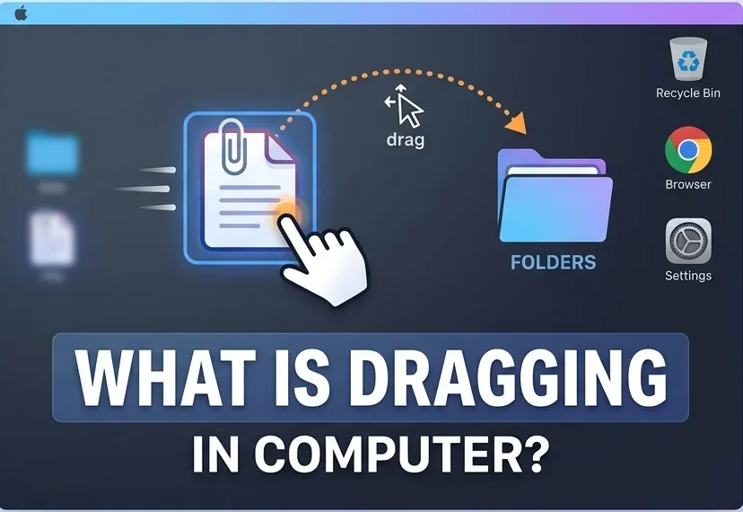 What is dragging in computers, Post-Image, Illustration showing a user moving a folder with a mouse on a computer screen.