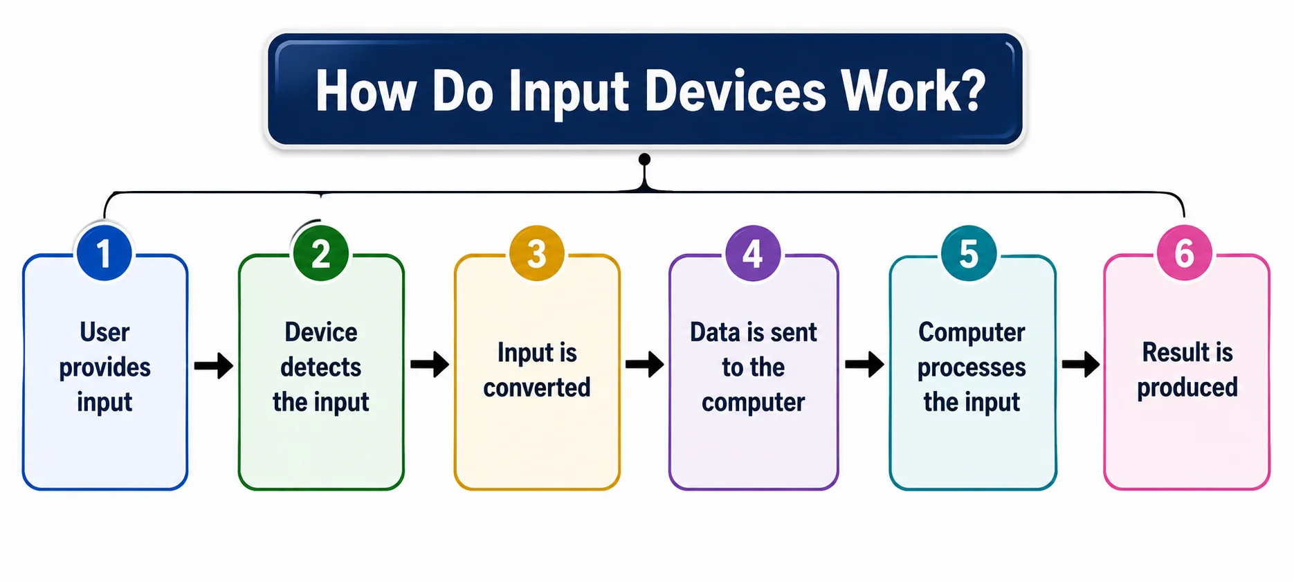 How input devices work diagram showing six steps: user provides input, device detects the input, input is converted, data is sent to the computer, computer processes the input, and the result is produced.