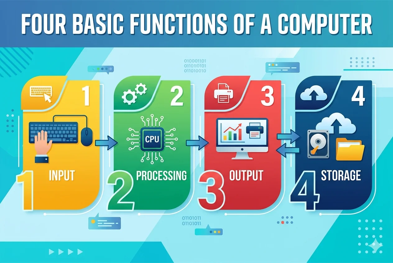 Four Basic Functions of a Computer | Input – Output | Processing & Storage